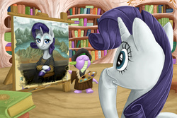 Size: 2268x1514 | Tagged: safe, artist:gor1ck, rarity, spike, dragon, pony, unicorn, g4, beret, book, bookshelf, c++, daring do book, duo, fine art parody, hat, javascript, leonardo da vinci, lord of the rings, mona lisa, nuclear physics, painter, painting, pentagram, smock, the divine comedy