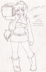 Size: 1949x3052 | Tagged: safe, artist:inkajesanra, applejack, earth pony, anthro, g4, apple, belly button, belt, boots, breasts, busty applejack, cleavage, clothes, cowboy hat, crate, female, food, hat, jacket, midriff, miniskirt, monochrome, simple background, skirt, smiling, solo, stetson, traditional art