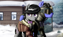 Size: 1860x1100 | Tagged: dead source, safe, artist:supermare, octavia melody, oc, pony, g4, blood, clothes, commission, duo, goggles, necktie, signature, tape recorder