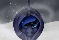 Size: 1567x1045 | Tagged: safe, artist:z0mb1e-cat, princess luna, spirit of hearth's warming yet to come, g4, female, looking at you, lunadoodleloak, snow, snowfall, solo