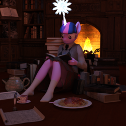 Size: 2000x2000 | Tagged: safe, artist:tahublade7, twilight sparkle, anthro, plantigrade anthro, g4, 3d, book, clothes, cup, daz studio, fireplace, food, high res, magic, missing shoes, panties, pasta, quill, skirt, socks, spaghetti, story included, striped underwear, teacup, that pony sure does love books, underwear, upskirt