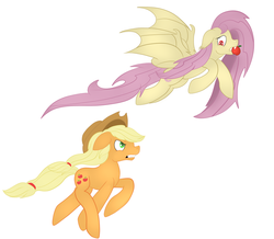 Size: 1024x893 | Tagged: safe, artist:bewarethemusicman, applejack, fluttershy, bat pony, pony, g4, apple, flutterbat, flying, food, gritted teeth, race swap, running, simple background