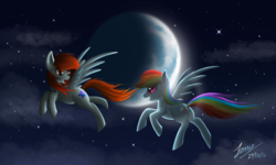 Size: 5000x3000 | Tagged: safe, artist:duskie-06, rainbow dash, oc, oc:linormusicbeat, g4, flying, high res, moon, night