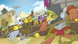 Size: 2736x1539 | Tagged: safe, artist:equestria-prevails, amethyst star, derpy hooves, sparkler, sunshower raindrops, oc, griffon, pegasus, pony, g4, airship, armor, chainmail, clothes, epic derpy, female, fight, food, glare, griffon oc, gritted teeth, halberd, herbivore vs carnivore, jousting, mare, medieval, polearm, popcorn, predator vs prey, spear, spread wings, tournament, trident, weapon, wide eyes, zipper