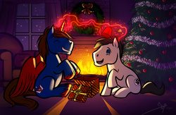 Size: 1950x1270 | Tagged: safe, artist:bgn, oc, oc only, oc:crimson crown, oc:howling moon, alicorn, earth pony, pony, alicorn oc, christmas, christmas tree, christmas wreath, colored wings, cute, dark, ear fluff, eyes closed, fez, fire, fireplace, gay, grin, hat, hearth's warming, holiday, levitation, magic, male, night, open mouth, present, raised hoof, sitting, smiling, snow, snowfall, spread wings, stallion, telekinesis, tree, unshorn fetlocks, window, wings, wreath