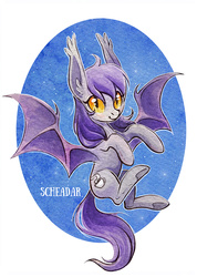 Size: 711x1000 | Tagged: safe, artist:scheadar, oc, oc only, bat pony, pony, flying, long ears, solo, traditional art, watercolor painting