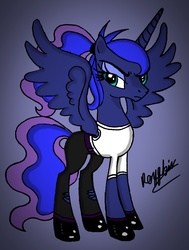 Size: 2031x2693 | Tagged: safe, artist:darkest-lunar-flower, princess luna, g4, clothes, high res, looking at you, luna is not amused, outfit, shoes