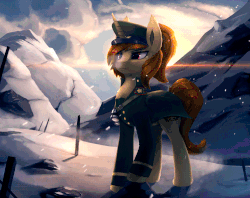 Size: 750x593 | Tagged: safe, artist:rodrigues404, oc, oc only, oc:katya ironstead, alicorn, pony, alicorn oc, animated, chest fluff, clothes, epic, female, fluffy, hat, mountain, peaked cap, ponytail, red eyes, snow, snowfall, solo, trenchcoat, uniform