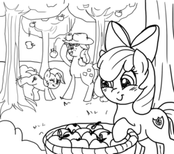 Size: 1024x907 | Tagged: safe, artist:hoshikokin, apple bloom, applejack, babs seed, g4, apple, applebucking, applebutt, butt, cutie mark, food, monochrome, open mouth, plot, sweet apple acres, the cmc's cutie marks, wip