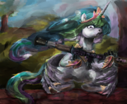 Size: 1840x1500 | Tagged: safe, artist:toisanemoif, princess celestia, alicorn, pony, g4, angry, badass, female, holding, looking at you, mean, rocket launcher, rpg (weapon), rpg-7, sitting, solo, start running, weapon