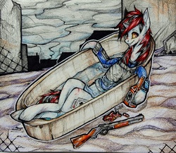 Size: 2285x1979 | Tagged: safe, artist:enjaadjital, oc, oc only, oc:blackjack, pony, unicorn, fallout equestria, fallout equestria: project horizons, alcohol, bath, bathtub, colored pencil drawing, colored sclera, fanfic art, gun, horn, pipbuck, scratches, shotgun, traditional art, unicorn oc, vault security armor, weapon, whiskey, yellow sclera