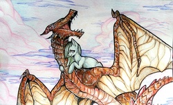Size: 2453x1498 | Tagged: safe, artist:enjaadjital, marble pie, dragon, earth pony, pony, g4, colored pencil drawing, duo, female, mare, open mouth, ponies riding dragons, riding, skyrim, the elder scrolls, traditional art
