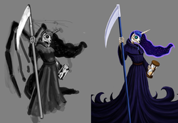 Size: 717x500 | Tagged: safe, artist:wwredgrave, princess luna, g4, clothes, crossover, death (equine-morphic personification), discworld, grim reaper, hourglass, robe, scythe, skeleton
