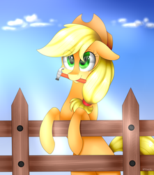 Size: 3000x3400 | Tagged: safe, artist:ohhoneybee, applejack, earth pony, pony, g4, bipedal, bipedal leaning, cloud, crepuscular rays, cute, female, fence, floppy ears, hammer, high res, jackabetes, looking up, mare, mouth hold, reflection, sky, smiling, solo