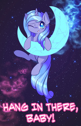 Size: 1155x1785 | Tagged: safe, artist:kawaiipony2, princess luna, g4, female, filly, hang in there, moon, one eye closed, solo, space, tangible heavenly object, wink, woona