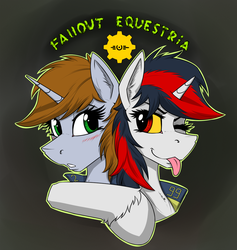 Size: 1024x1081 | Tagged: safe, artist:twotail813, oc, oc only, oc:blackjack, oc:littlepip, pony, unicorn, fallout equestria, fallout equestria: project horizons, rcf community, blushing, clothes, colored sclera, cute, fanfic, fanfic art, female, horn, jaundice, jumpsuit, mare, portrait, simple background, tongue out, vault suit, yellow sclera