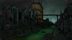 Size: 2000x1100 | Tagged: safe, artist:theomegaridley, fallout equestria, manehattan, ruins, scenery, tenpony tower