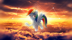 Size: 1920x1080 | Tagged: safe, artist:antylavx, edit, rainbow dash, pegasus, pony, g4, bedroom eyes, cloud, female, flying, mare, solo, sunset, vector, wallpaper