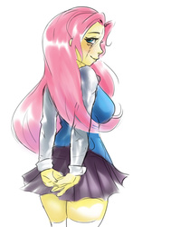 Size: 1280x1694 | Tagged: safe, artist:mrscurlystyles, edit, fluttershy, equestria girls, g4, bedroom eyes, big breasts, blushing, breasts, busty fluttershy, clothes, eqg recolor, faith summers, female, grin, looking at you, looking back, miniskirt, pleated skirt, recolor, school uniform, sideboob, skirt, smiling, socks, solo, starswirl academy, starswirl academy uniform, thigh highs, thigh socks, zettai ryouiki