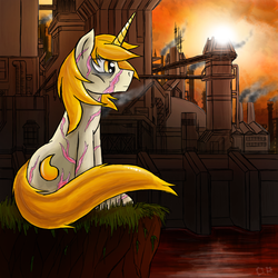 Size: 2500x2500 | Tagged: safe, artist:theomegaridley, oc, oc only, oc:goldenblood, pony, unicorn, fallout equestria, fallout equestria: project horizons, high res, horn, scarred