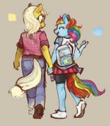Size: 738x838 | Tagged: safe, artist:spectralunicorn, applejack, rainbow dash, earth pony, anthro, plantigrade anthro, g4, backpack, clothes, cute, female, holding hands, lesbian, ship:appledash, shipping, shorts, simple background, skirt, wingless