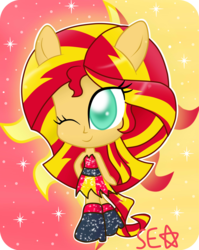 Size: 2417x3034 | Tagged: dead source, safe, artist:supererikastar, sunset shimmer, equestria girls, g4, chibi, clothes, costume, cute, cutie mark, female, high res, one eye closed, ponied up, shimmerbetes, solo, sunset satan, wink