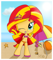 Size: 2246x2560 | Tagged: safe, artist:supererikastar, sunset shimmer, equestria girls, g4, belly button, bikini, chibi, clothes, cute, female, high res, midriff, one eye closed, shimmerbetes, solo, swimsuit, wink