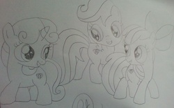 Size: 1119x700 | Tagged: safe, artist:fluffykittens12309, apple bloom, scootaloo, sweetie belle, g4, cutie mark, cutie mark crusaders, monochrome, smiling, the cmc's cutie marks, traditional art