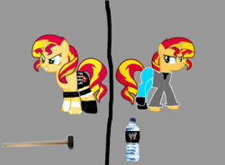 Size: 2550x1880 | Tagged: safe, artist:skulluigi, sunset shimmer, pony, unicorn, g4, 1000 hours in ms paint, crossover, female, ms paint, parody, sledgehammer, solo, triple h, water bottle, wrestling, wwe