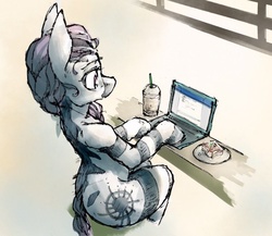 Size: 600x520 | Tagged: safe, artist:toki, oc, oc only, oc:compass rose (zebra), zebra, computer, female, food, laptop computer, sitting, solo, typing