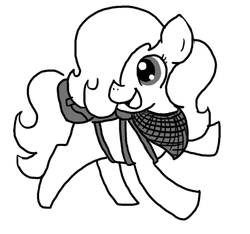 Size: 640x600 | Tagged: safe, artist:ficficponyfic, oc, oc only, oc:emerald jewel, earth pony, pony, colt quest, bag, bandana, colt, cute, excited, eyes closed, hair over one eye, happy, hnnng, looking back, male, monochrome, open mouth, running, smiling, solo, story included, trap, weapons-grade cute