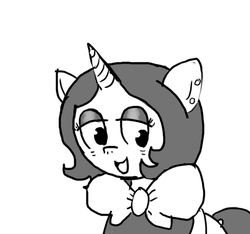 Size: 640x600 | Tagged: safe, artist:ficficponyfic, oc, oc only, oc:joyride, pony, unicorn, colt quest, bags under eyes, bowtie, ear piercing, eyeshadow, female, happy, horn, makeup, mantle, mare, monochrome, piercing, solo focus, story included