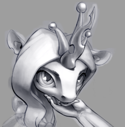 Size: 1872x1907 | Tagged: safe, artist:oneofyouare, queen chrysalis, g4, grayscale, hand, heart eyes, implied anon, licking, monochrome, offscreen character, portrait, tongue out, wingding eyes, wip