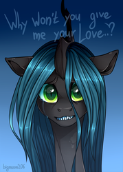 Size: 1000x1400 | Tagged: safe, artist:bigmoon206, queen chrysalis, changeling, changeling queen, g4, bronybait, crying, cute, cutealis, dialogue, female, gradient background, looking at you, sad, signature, solo