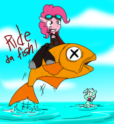 Size: 1859x2025 | Tagged: safe, artist:sandwich-anomaly, lyra heartstrings, pinkie pie, fish, sea pony, anthro, unguligrade anthro, g4, borderlands, parody, patricia tannis, seapony lyra, x eyes