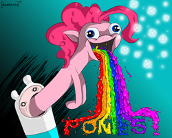 Size: 1280x1024 | Tagged: safe, artist:majorbrons, pinkie pie, earth pony, pony, g4, adventure time, crossover, duo, male, puking rainbows, reverse vore, vomiting, wat