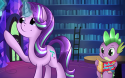 Size: 1280x797 | Tagged: safe, artist:lilliesinthegarden, spike, starlight glimmer, g4, magic, reading