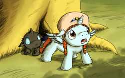 Size: 2400x1500 | Tagged: safe, artist:dragonwolfrooke, alicorn, changeling, nymph, pony, duo, filly, floppy ears, frown, nausicaa of the valley of the wind, open mouth, ponified, sad, spread wings, standing