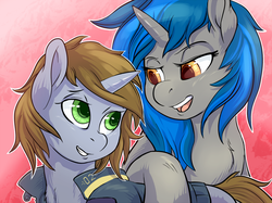 Size: 1018x762 | Tagged: safe, artist:halley-valentine, oc, oc only, oc:homage, oc:littlepip, pony, unicorn, fallout equestria, twilight sparkle's secret shipfic folder, clothes, eye contact, fanfic, fanfic art, female, grin, horn, hug, jumpsuit, mare, oc x oc, open mouth, ship:pipmage, shipping, simple background, smiling, teeth, vault suit