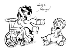 Size: 1482x961 | Tagged: safe, artist:mistermech, oc, oc only, oc:blackjack, oc:scotch tape, pony, fallout equestria, fallout equestria: project horizons, duo, monochrome, wheelchair