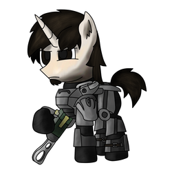 Size: 1000x1000 | Tagged: safe, artist:crtical hit, oc, oc only, oc:critical hit, pony, unicorn, fallout equestria, armor, beard, crossover, energy weapon, facial hair, fallout, fanfic, fanfic art, gun, hooves, horn, laser rifle, magical energy weapon, male, power armor, powered exoskeleton, simple background, solo, stallion, weapon, white background