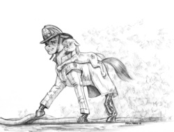 Size: 1400x1056 | Tagged: safe, artist:baron engel, chin, emergency!, filly, fire, firefighter, firefighter helmet, firehose, fireman carry, helmet, johnny gage, monochrome, pencil drawing, ponified, randolph mantooth, story included, traditional art