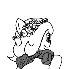 Size: 640x600 | Tagged: safe, artist:ficficponyfic, oc, oc only, oc:emerald jewel, earth pony, pony, colt quest, bag, bandana, colt, crown, cute, excited, eyes closed, flower, flower in hair, hair over one eye, happy, jewelry, male, monochrome, regalia, smiling, solo, story included, trap