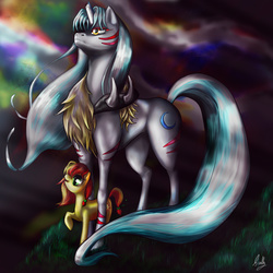 Size: 2362x2362 | Tagged: safe, artist:scully8472, broken horn, crepuscular rays, frown, grass, high res, horn, inuyasha, looking up, open mouth, ponified, raised hoof, rin, sesshomaru, size difference, sky, smiling, tattoo