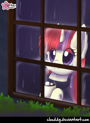 Size: 612x836 | Tagged: safe, artist:clouddg, moondancer, rarity, g4, chocolate, clothes, cup, cute, drink, female, hot chocolate, marshmallow, rain, signature, smiling, solo, window