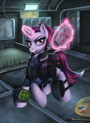 Size: 792x1080 | Tagged: safe, artist:pinkuh, oc, oc:gin rummy, fallout equestria, fallout equestria: project horizons, bed, handgun, lockers, paintbrush, palette, vigilance (gun)