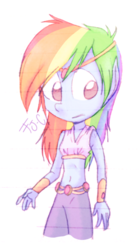 Size: 425x766 | Tagged: safe, artist:fj-c, rainbow dash, human, g4, belly button, bracelet, drawing, female, humanized, jewelry, midriff, pony coloring, solo, traditional art