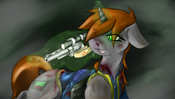 Size: 1920x1080 | Tagged: safe, artist:thunder-stream, oc, oc only, oc:littlepip, pony, unicorn, fallout equestria, blood, clothes, fanfic, fanfic art, female, glowing horn, gun, handgun, horn, jumpsuit, little macintosh, magic, mare, pipbuck, revolver, solo, telekinesis, vault suit, weapon