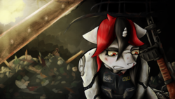 Size: 3840x2160 | Tagged: safe, artist:thunder-stream, oc, oc only, oc:blackjack, fallout equestria, fallout equestria: project horizons, blood, colored sclera, debris, gun, high res, scrapes, shotgun, weapon, yellow sclera