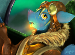 Size: 3510x2550 | Tagged: safe, artist:thunder-stream, oc, oc only, aviator goggles, bomber jacket, cigarette, cockpit, high res, pilot, plane, smoking